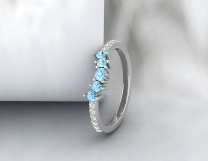Natural Blue Aquamarine Curved Wedding Band Half Eternity Fine Silver 5 Gemstone