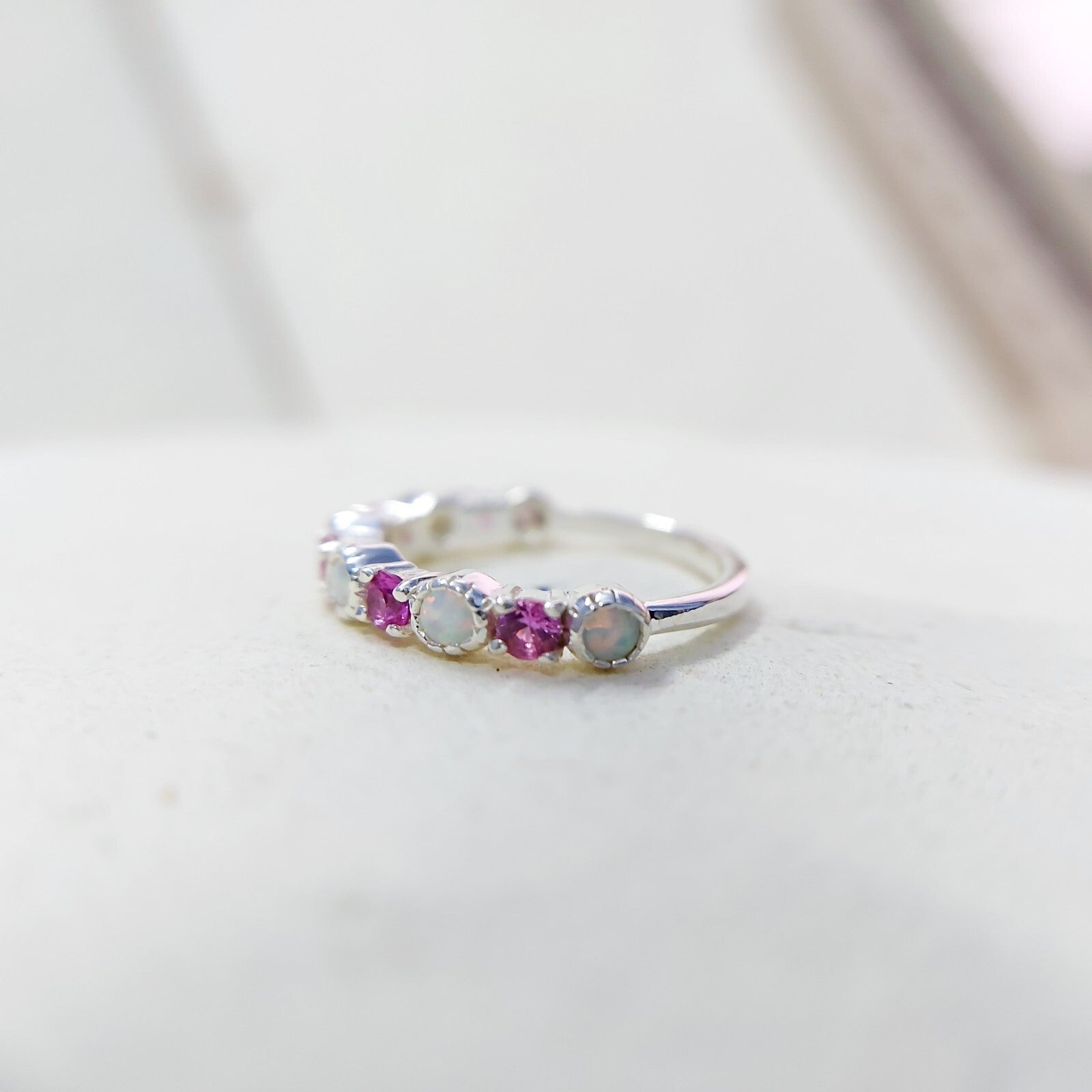 Opal and Ruby Wedding Ring Half Eternity Band Silver Stackable Band Gift Us5~ 15