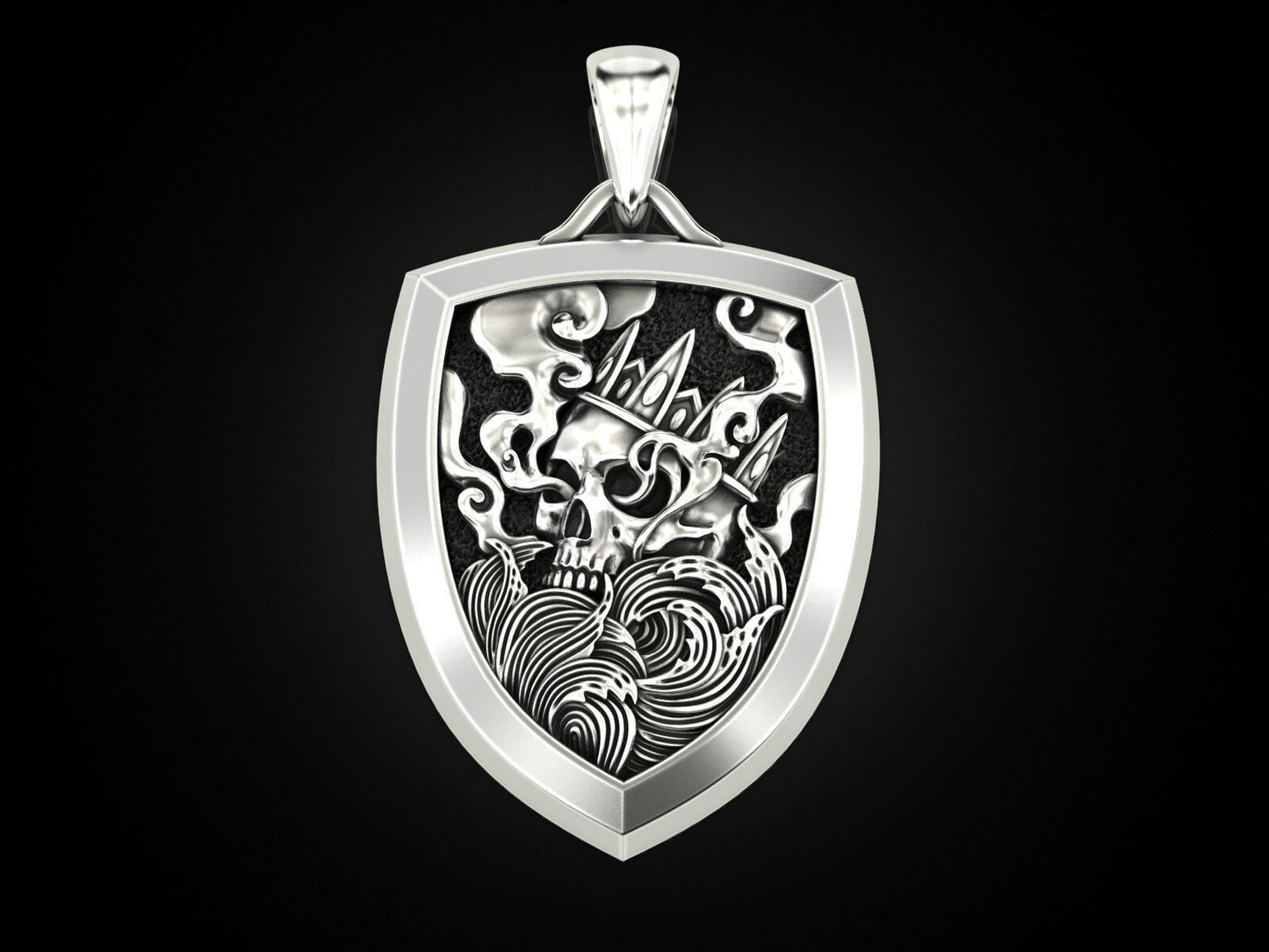 Skull Shield Pendant Men Gothic Silver King Skull With Crown Necklace Charm Gift