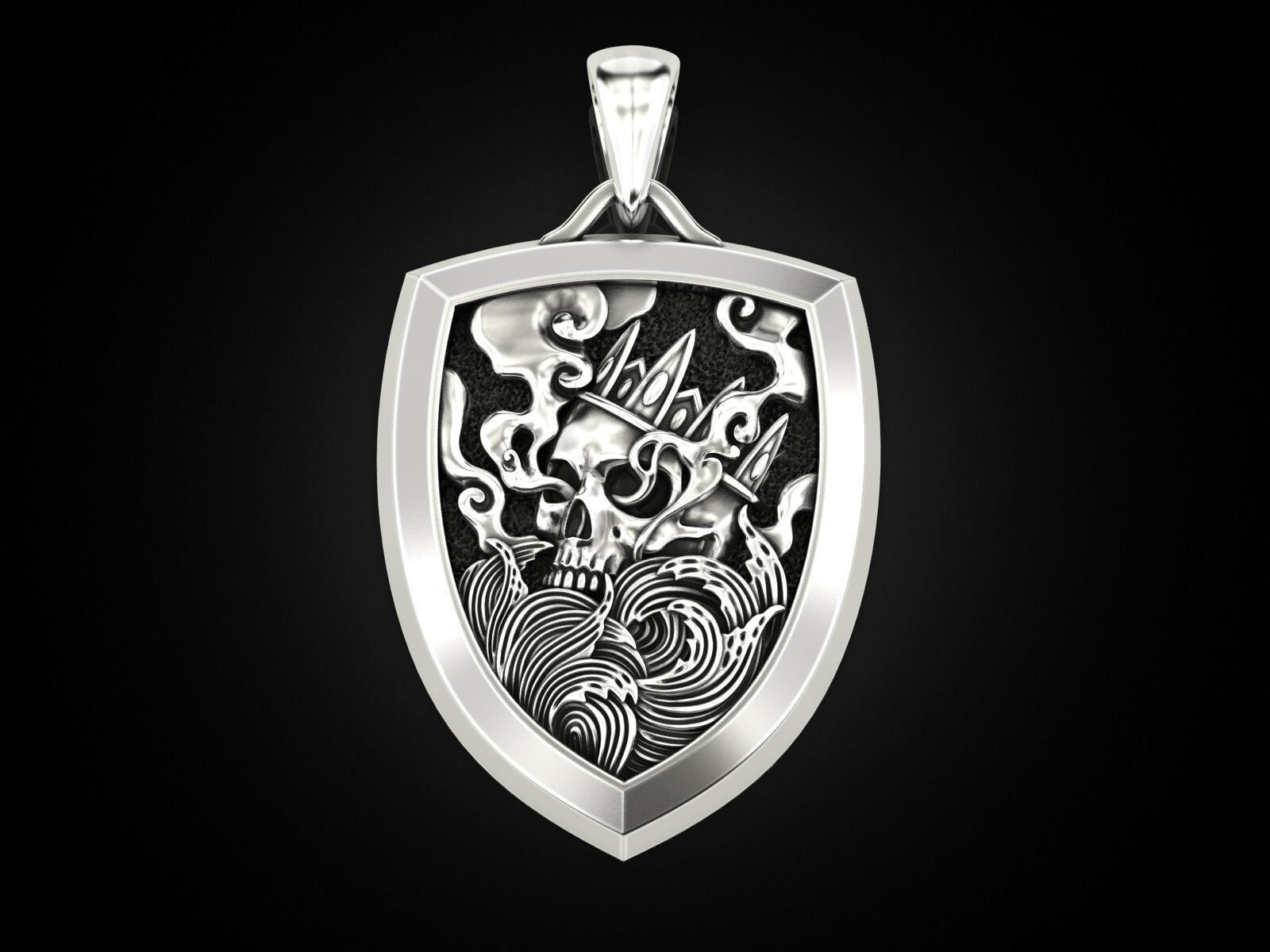 Skull Shield Pendant Men Gothic Silver King Skull With Crown Necklace Charm Gift