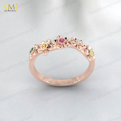 Natural Peridot Tourmaline Citrine Emerald Mutistone Flower Band in 925 Silver