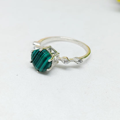 Natural Hexagon Malachite Ring 925 Sterling Silver Engagement Women's Jewelry