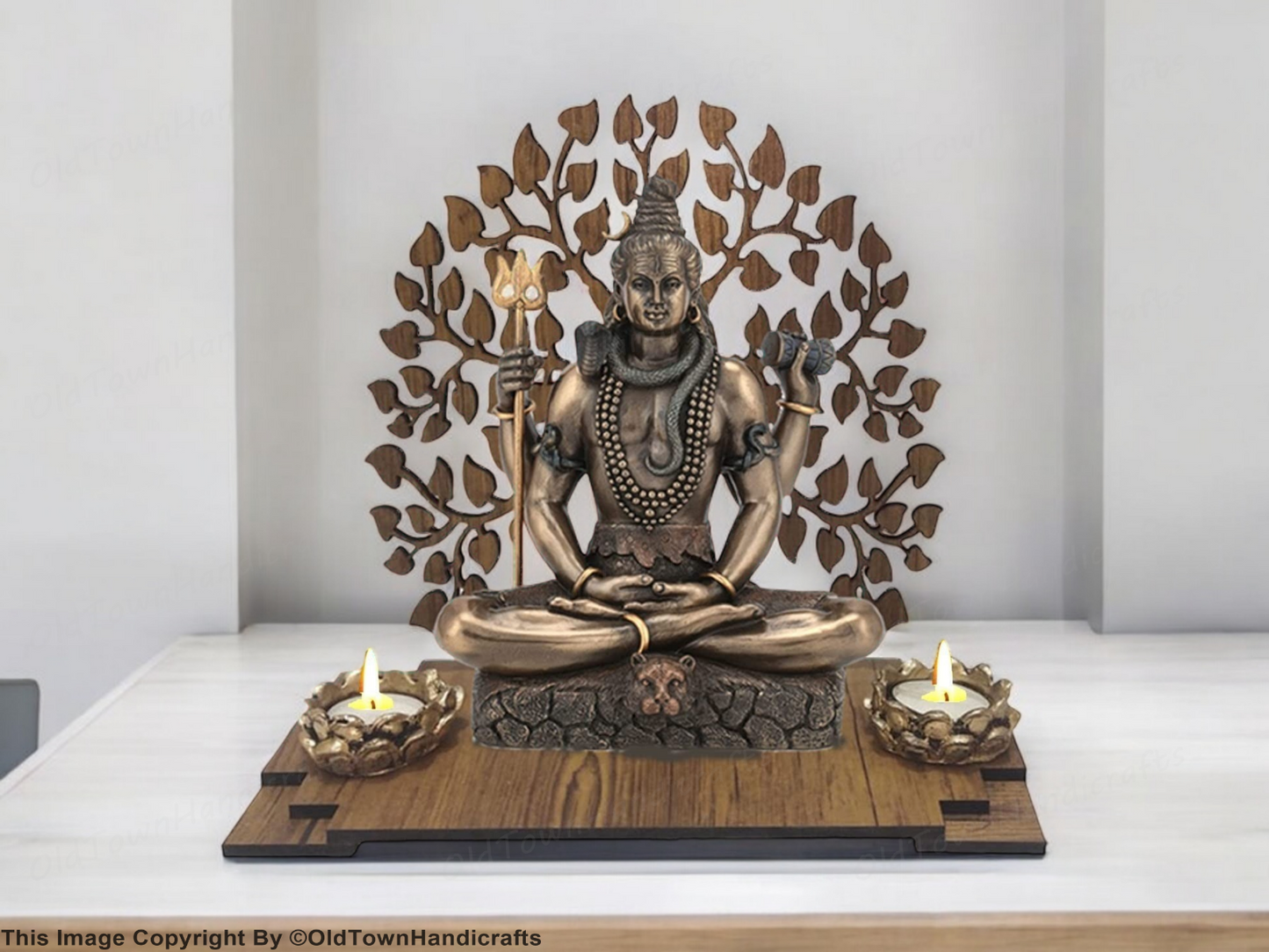 Polyresin Lord Shiva Statue with Wooden Bodhi Tree Tealight Holders for Pooja