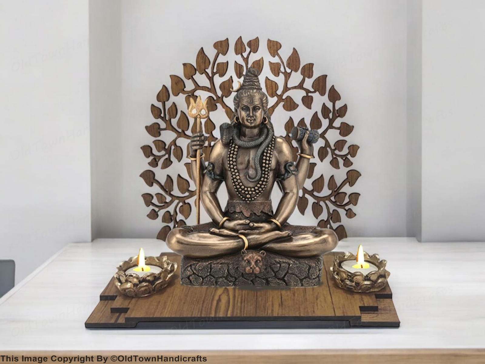 Polyresin Lord Shiva Statue with Wooden Bodhi Tree Tealight Holders for Pooja