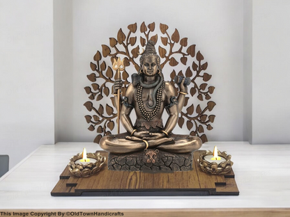 Polyresin Lord Shiva Statue with Wooden Bodhi Tree Tealight Holders for Pooja