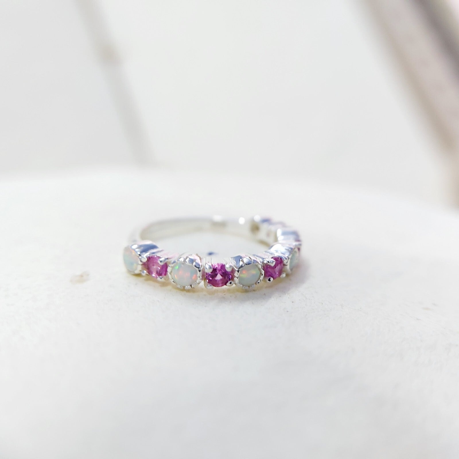Opal and Ruby Wedding Ring Half Eternity Band Silver Stackable Band Gift Us5~ 15