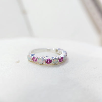 Opal and Ruby Wedding Ring Half Eternity Band Silver Stackable Band Gift Us5~ 15