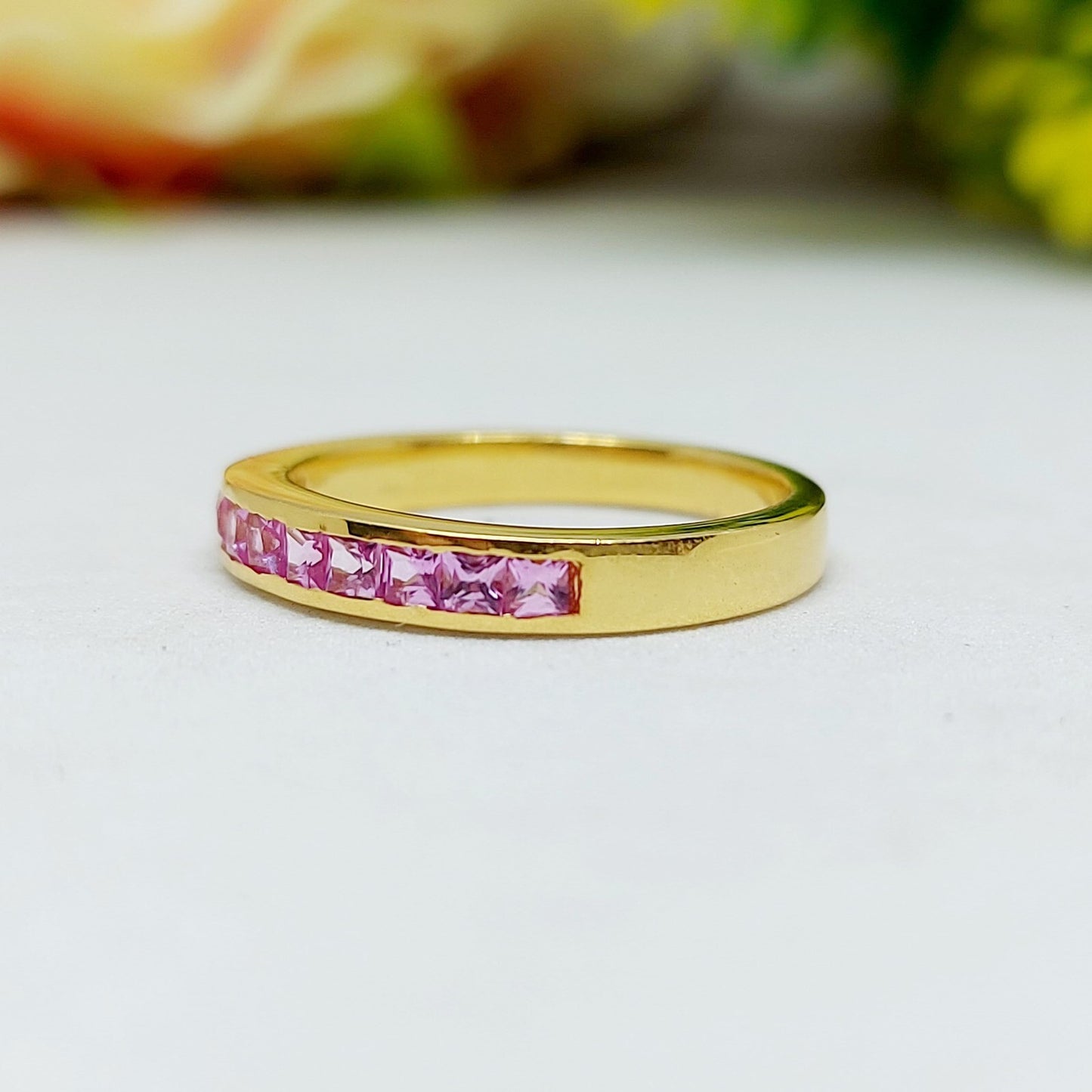 Natural Princess Cut Pink Tourmaline Band Channel Set 925 Sterling Silver Band