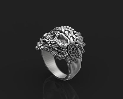 Silver Skull Indian Tribal Chief Ring US5-15 Handmade Statement Skull Ring Men