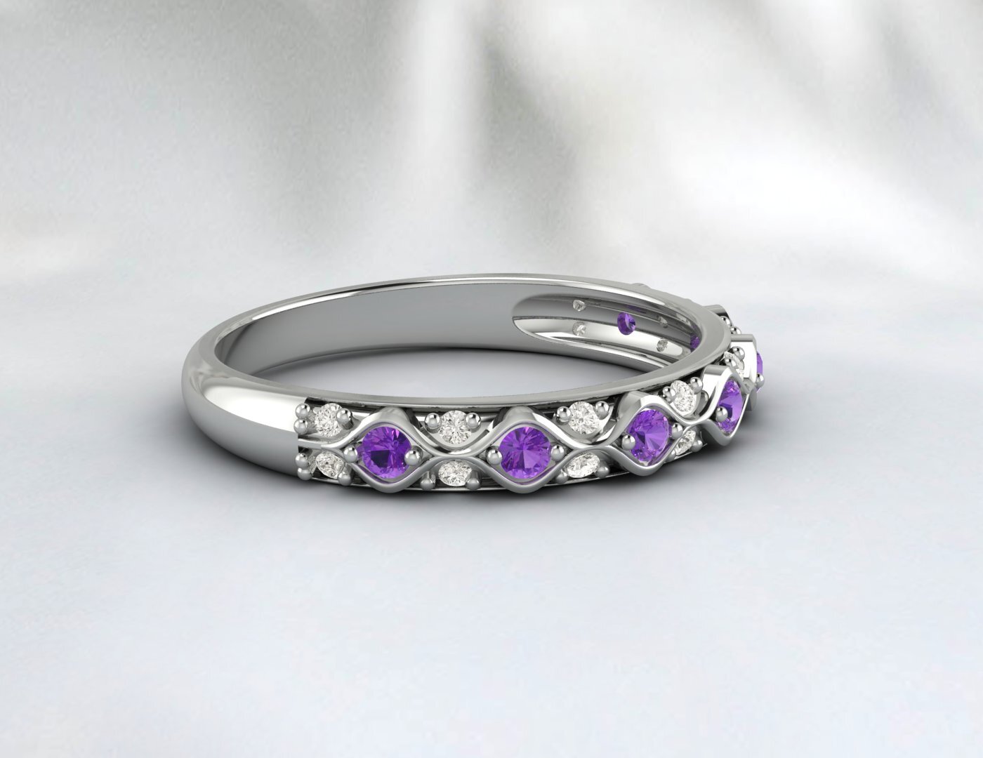 Natural Amethyst Cz Diamond Wedding Band Fine Silver Antique Unique Vintage Band