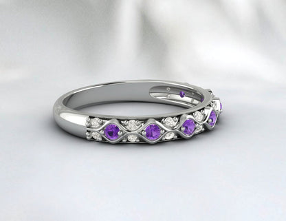 Natural Amethyst Cz Diamond Wedding Band Fine Silver Antique Unique Vintage Band