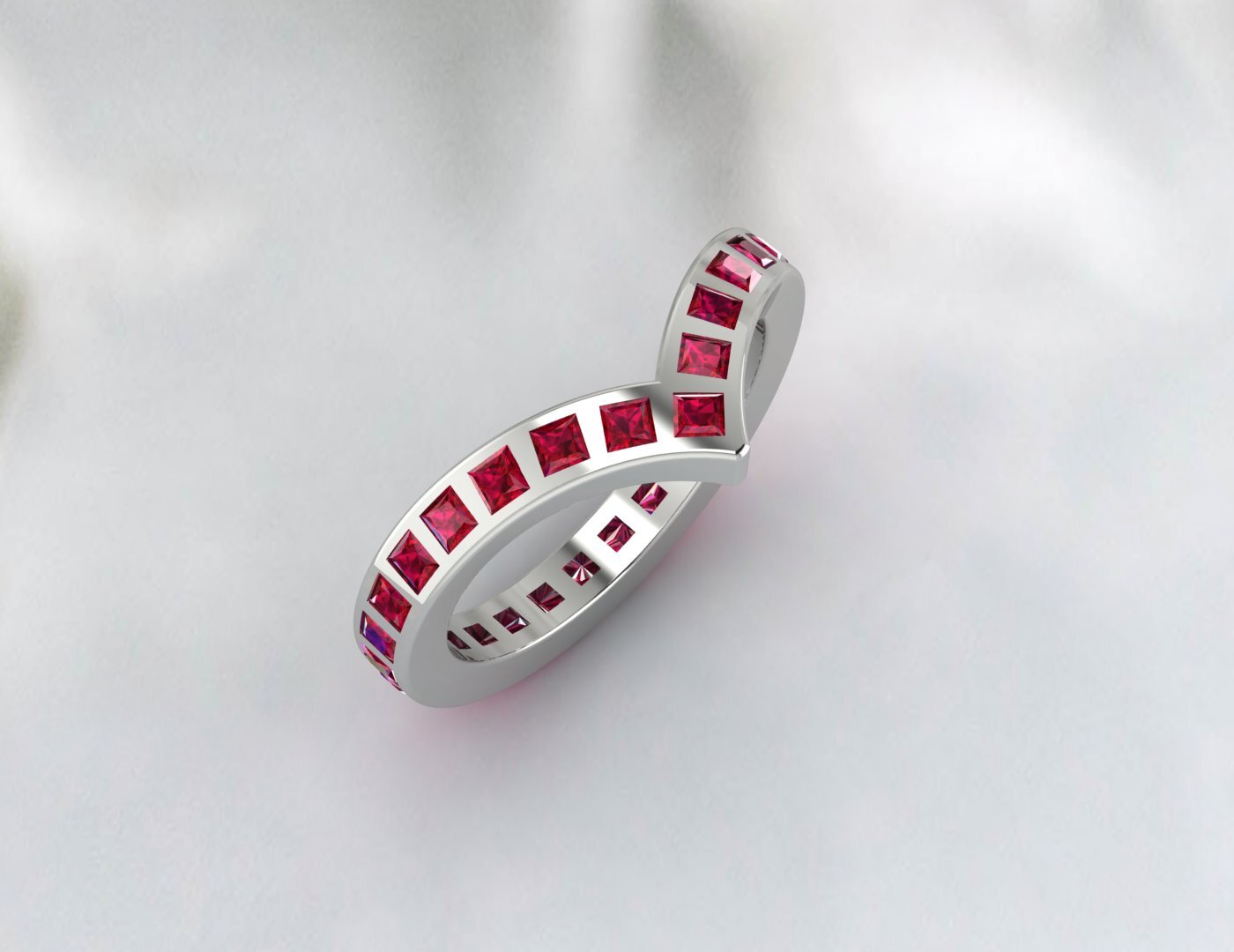 Princess Cut Red Ruby Wedding Band Fine Silver Lab Created Curved Band Bezal Set