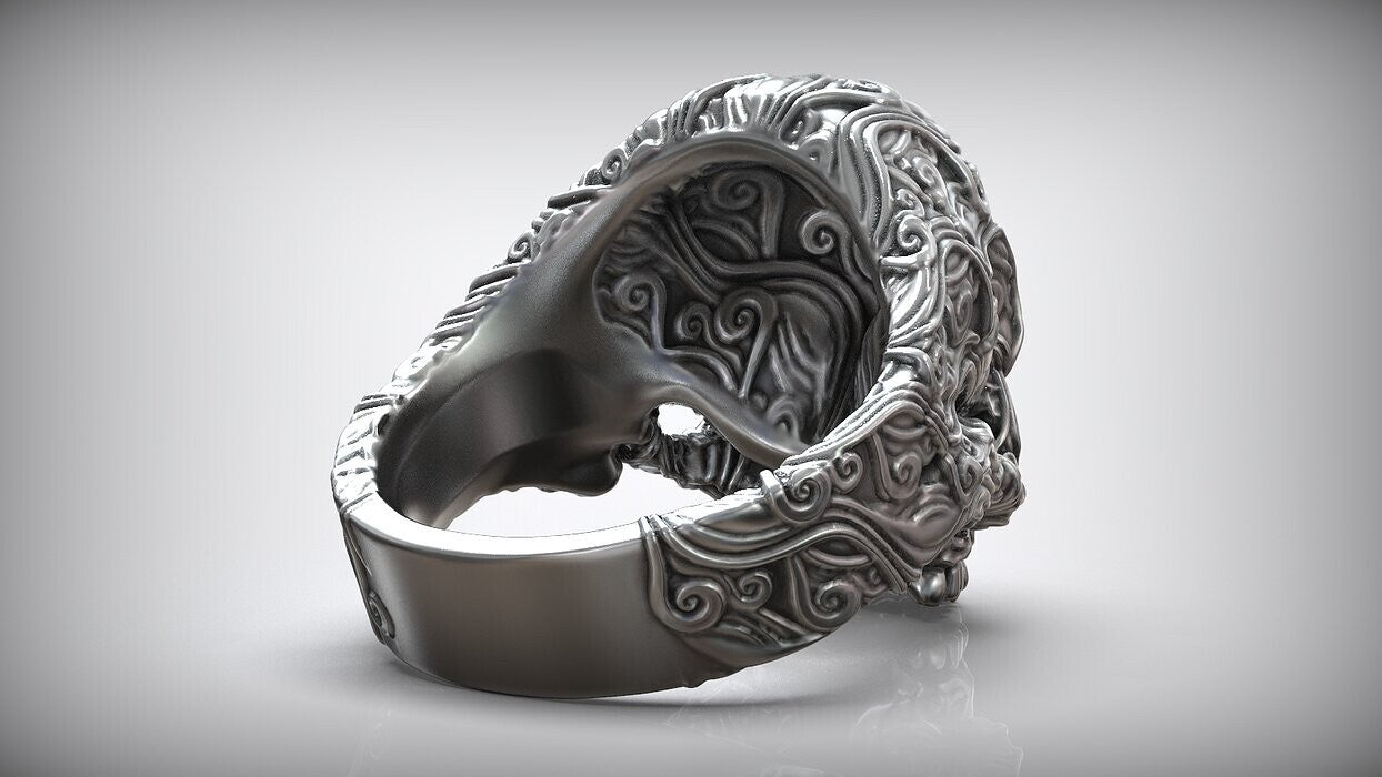 925 Sterling Silver Skull Head Sea Wave Ring US7~13 Oxidized Biker Rider Ring