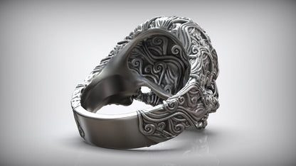 925 Sterling Silver Skull Head Sea Wave Ring US7~13 Oxidized Biker Rider Ring