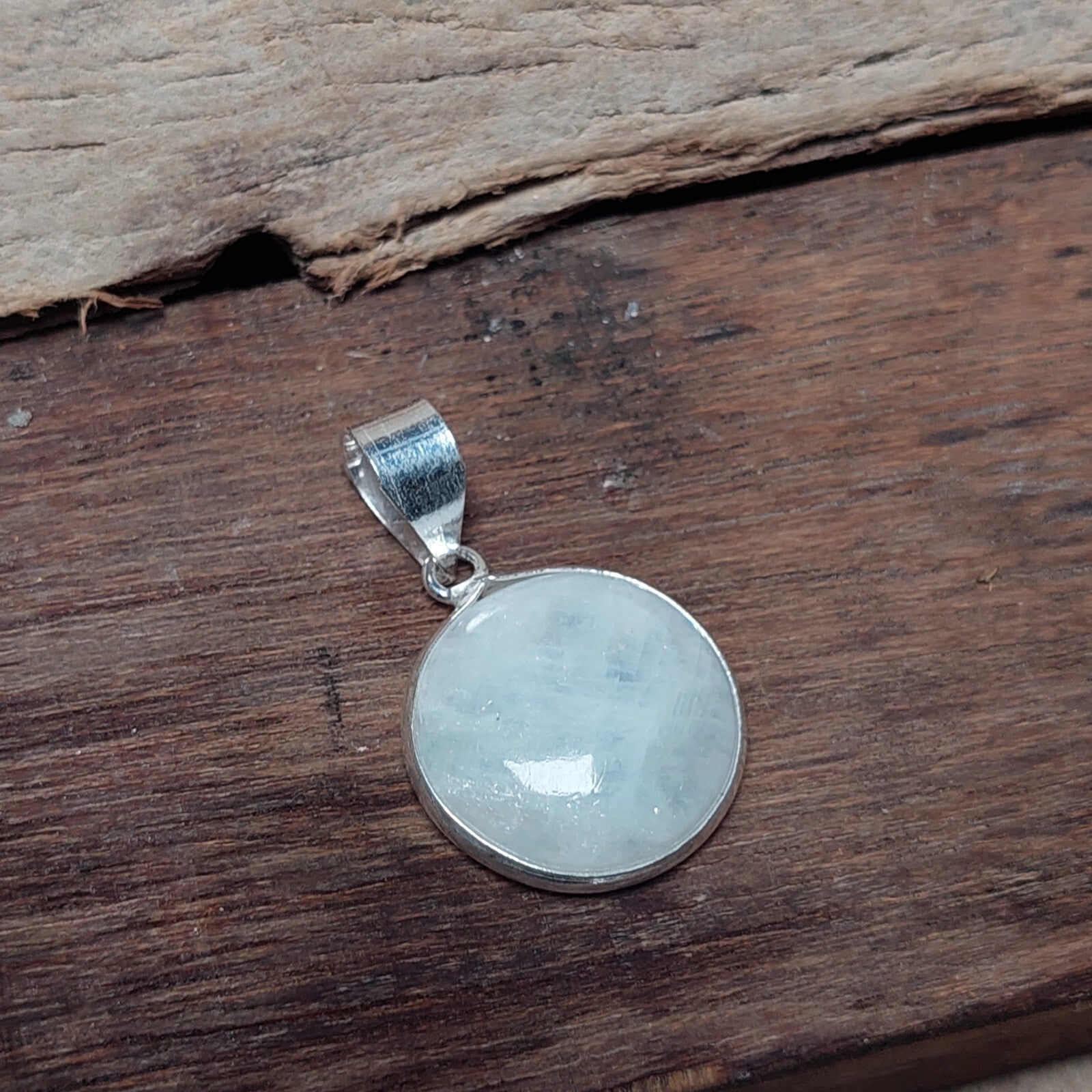 Round Natural Rainbow Moonstone Pendant,925 Sterling Silver Boho Necklace