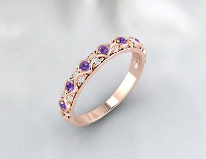 Natural Amethyst Cz Diamond Wedding Band Fine Silver Antique Unique Vintage Band