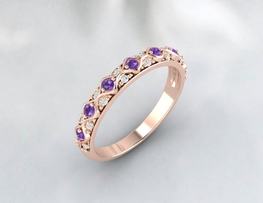 Natural Amethyst Cz Diamond Wedding Band Fine Silver Antique Unique Vintage Band