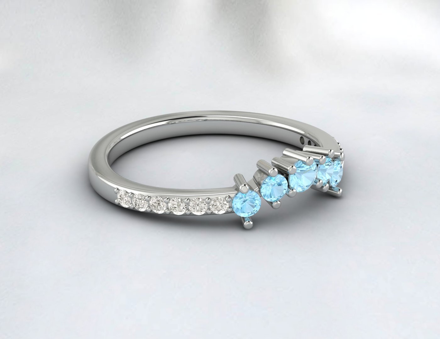Natural Blue Aquamarine Curved Wedding Band Half Eternity Fine Silver 5 Gemstone