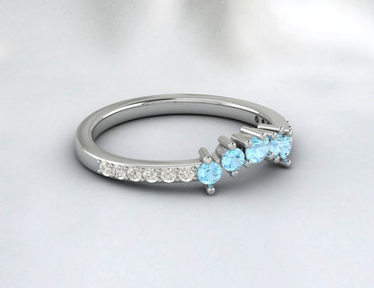 Natural Blue Aquamarine Curved Wedding Band Half Eternity Fine Silver 5 Gemstone