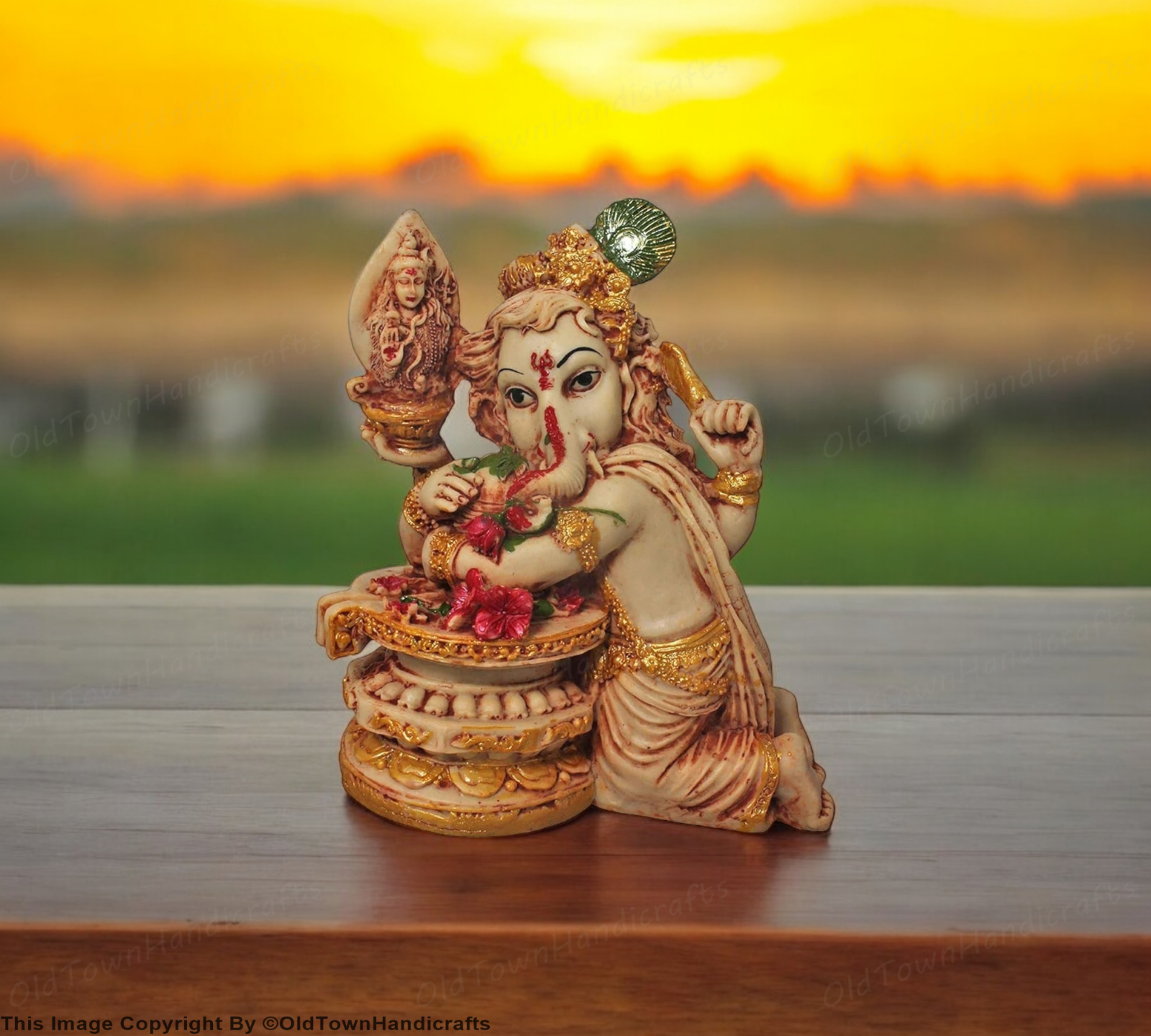 Ganesha with Shivling Statue Ganesh Cream Golden Decor Gift for Home & Office