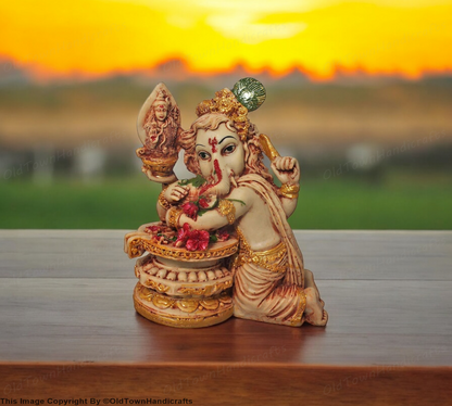 Ganesha with Shivling Statue Ganesh Cream Golden Decor Gift for Home & Office