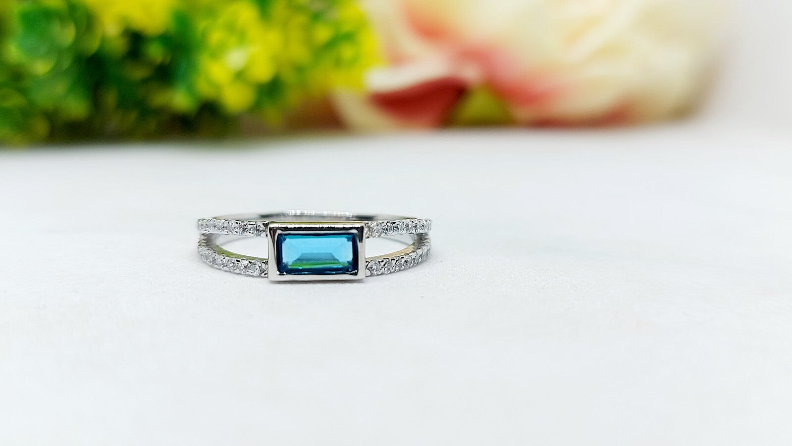 Silver Blue Tourmaline Baguette Shape Ring Women Birthstone Gift Ring Us5~ 15