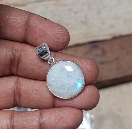 Round Natural Rainbow Moonstone Pendant,925 Sterling Silver Boho Necklace