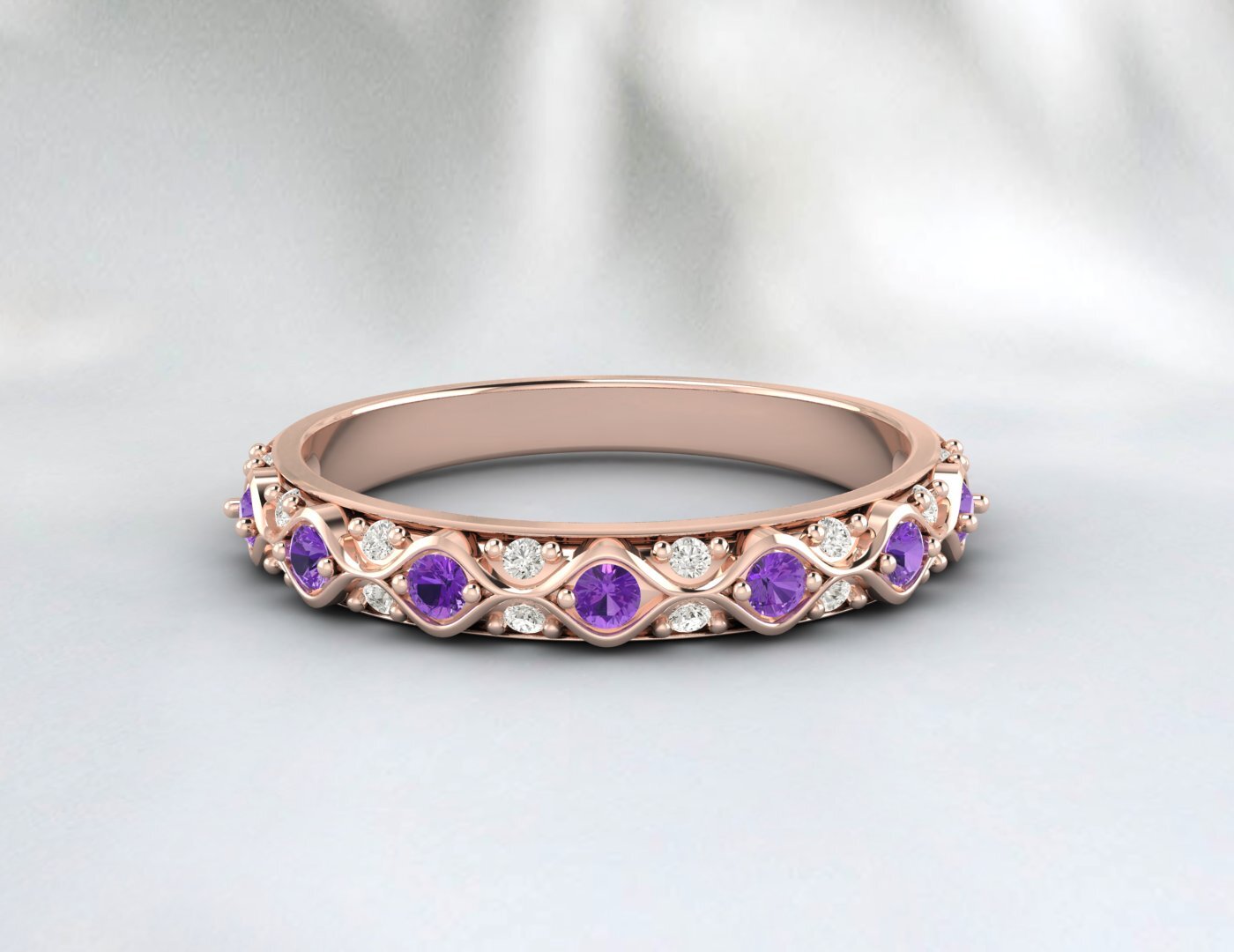 Natural Amethyst Cz Diamond Wedding Band Fine Silver Antique Unique Vintage Band