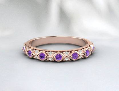 Natural Amethyst Cz Diamond Wedding Band Fine Silver Antique Unique Vintage Band