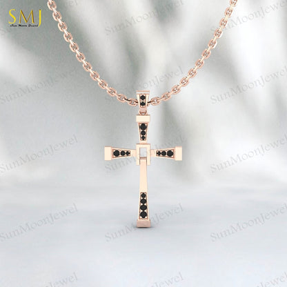 925 Silver Natural Black Onyx Cross Necklace Religious Charm Pray Rosary Pendant