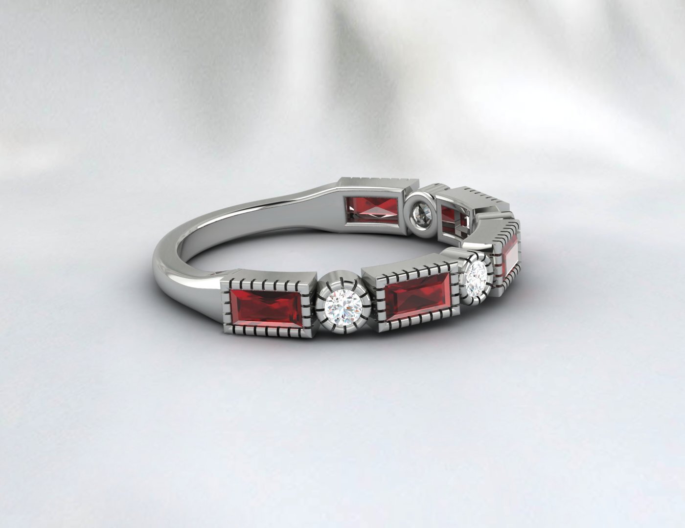 Natural Baguette Cut Red Garnet & Cubic Zirconia Half Eternity Fine Silver Band