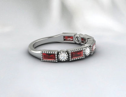Natural Baguette Cut Red Garnet & Cubic Zirconia Half Eternity Fine Silver Band