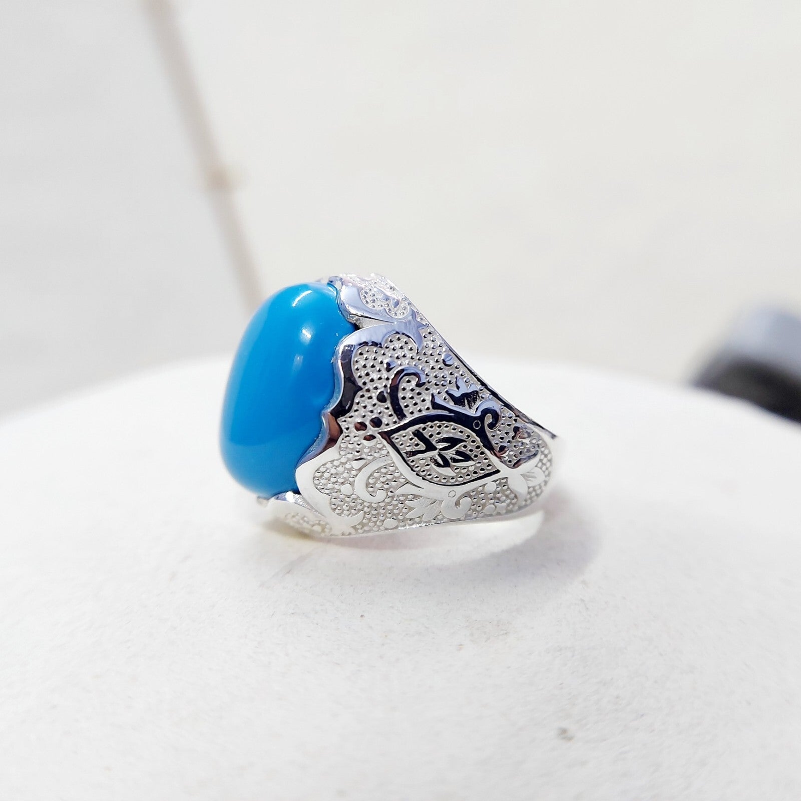 Solid 925 Silver Natural Lite Blue Turquoise Gemstone Birthday Gift Men's US5~15