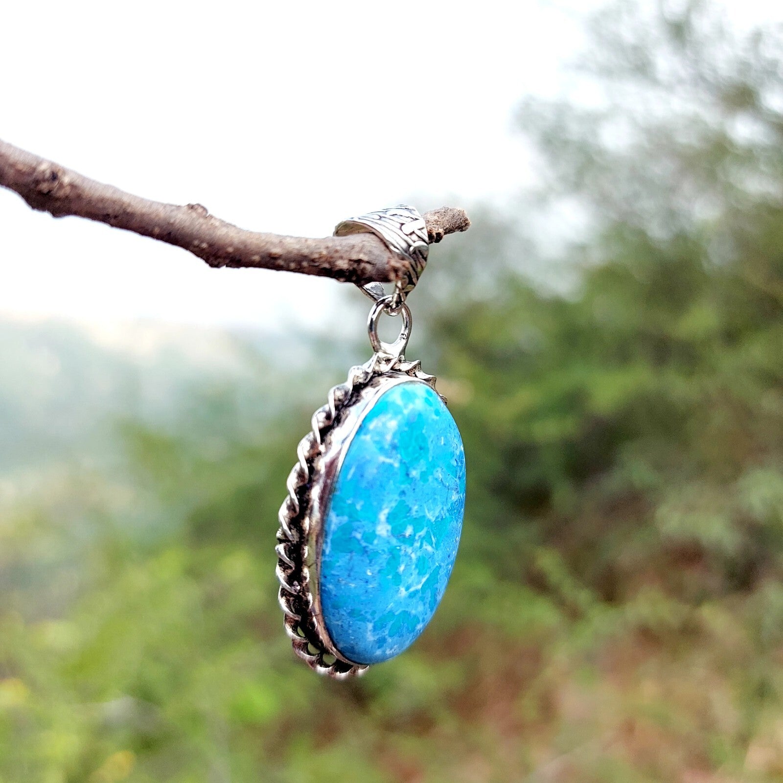 Oval Turquoise Sterling Silver Pendant Handmade Gemstone Celtic Rustic Mom Gift