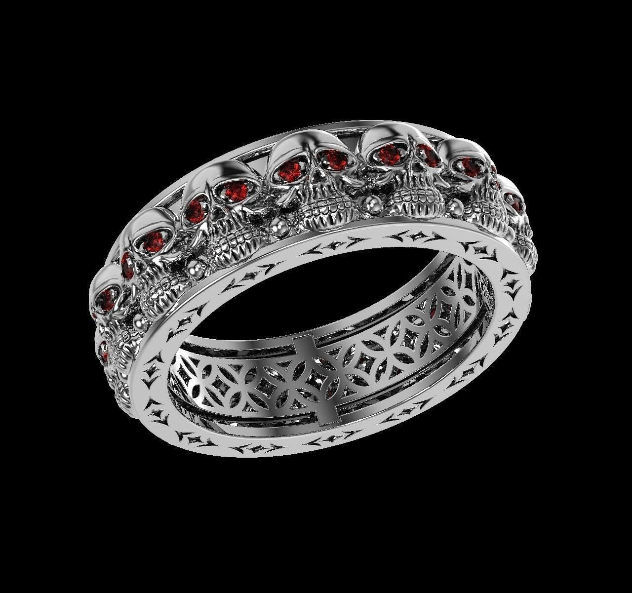 925 Sterling Silver Skull Ring US5~15 Gothic Red Eye Biker Punk Wedding Men Band