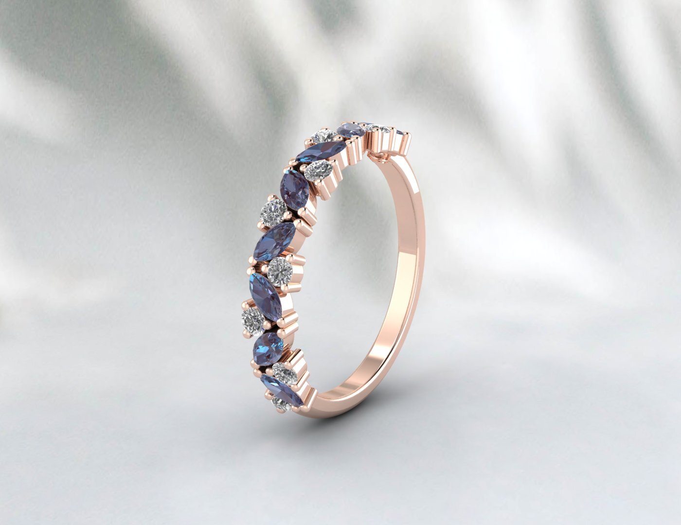 Natural Marquise Alexandrite Wedding Band Half Eternity 925 Silver Birthstone