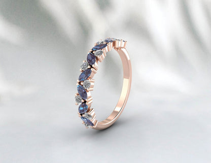 Natural Marquise Alexandrite Wedding Band Half Eternity 925 Silver Birthstone