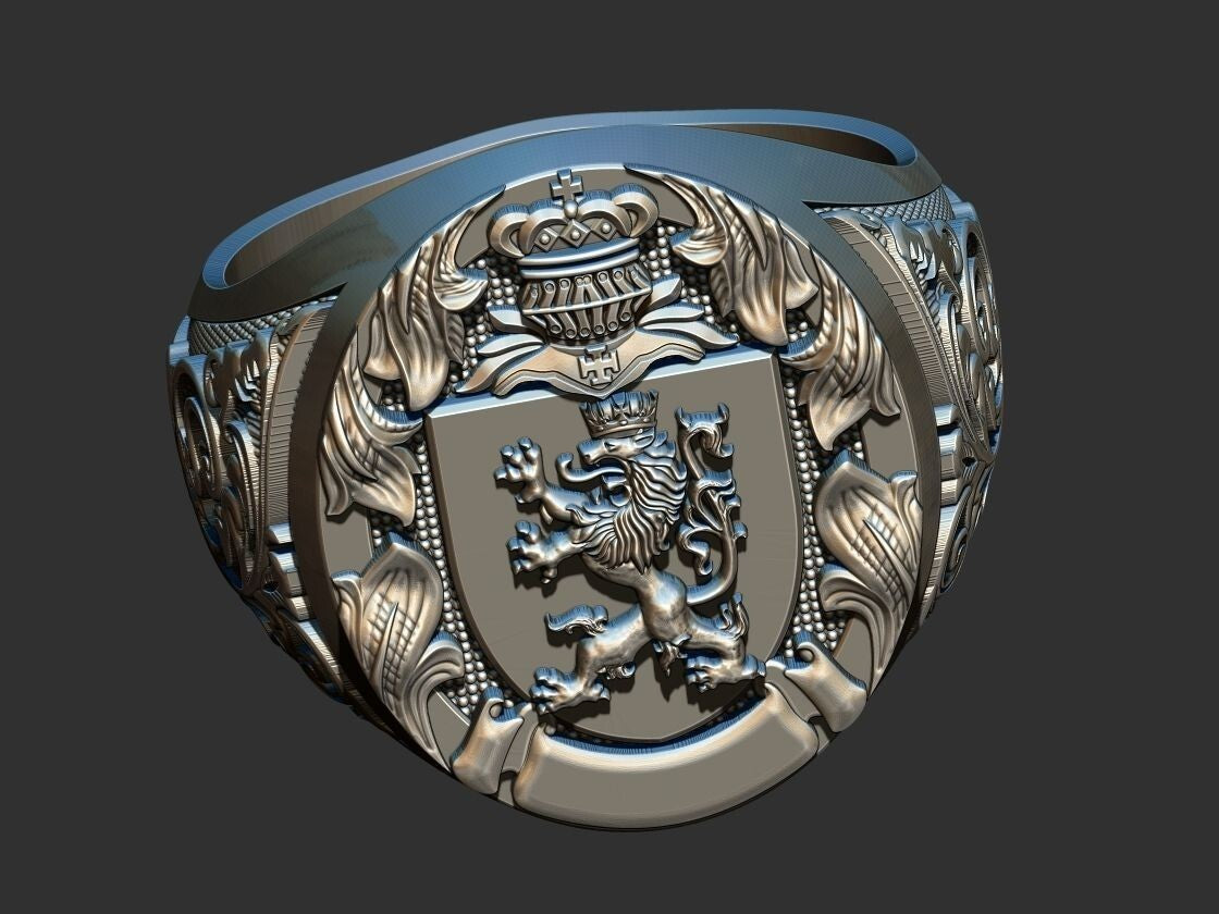 Lion And Roosters Coat of Arms Signet Silver 925 Men's Ring US7-15 Animal Lover