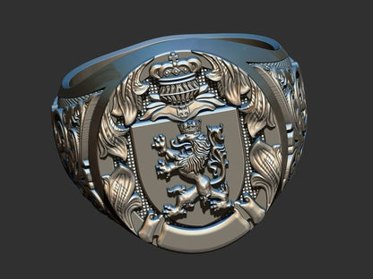 Lion And Roosters Coat of Arms Signet Silver 925 Men's Ring US7-15 Animal Lover