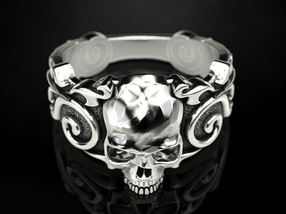 925 Sterling Silver US5-15 Men's Skull Pattern Gothic Biker Designer Look Ring