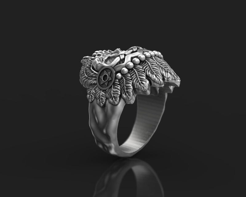 Silver Skull Indian Tribal Chief Ring US5-15 Handmade Statement Skull Ring Men