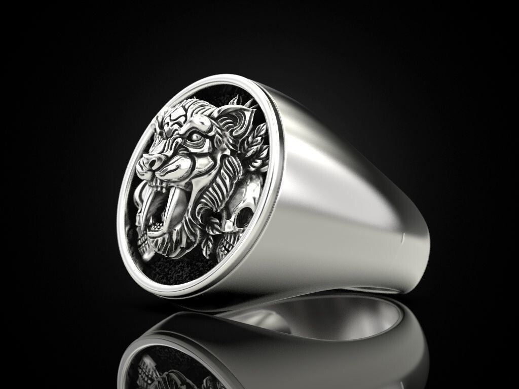Saber Tooth Tiger Skull Ring 925 Sterling Silver Gothic Biker Rider Style US5~15