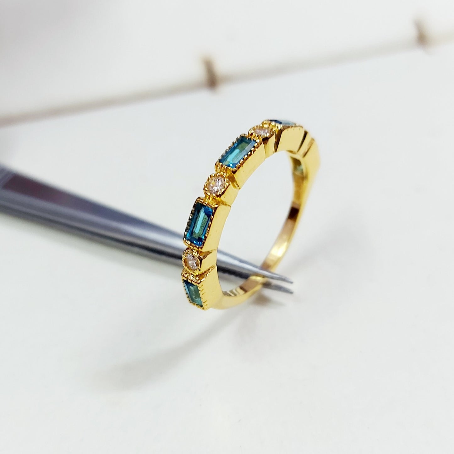 Lab Created Half Eternity Silver Band Aquamarine Baguette Cut Women Ring Us5~ 15