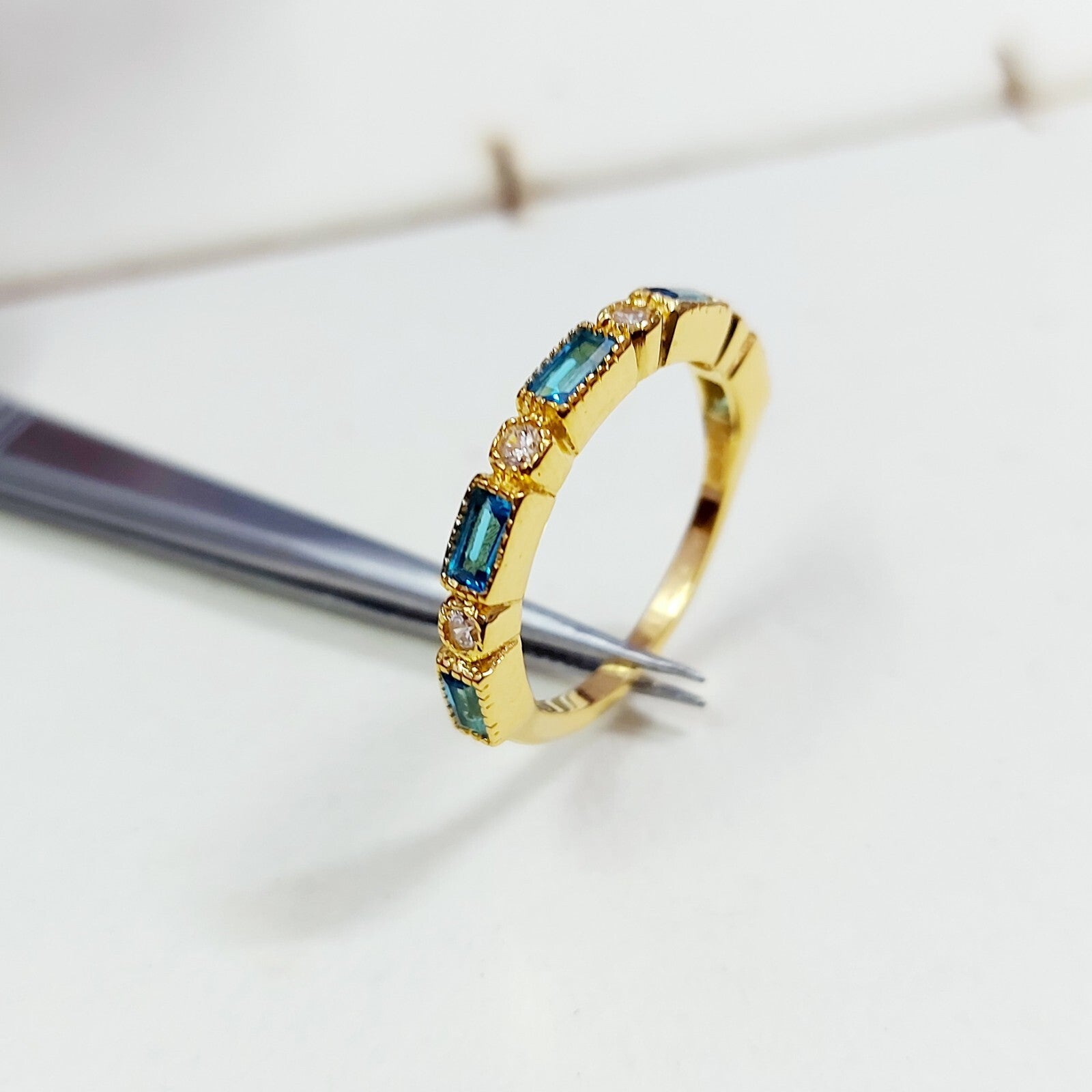 Lab Created Half Eternity Silver Band Aquamarine Baguette Cut Women Ring Us5~ 15