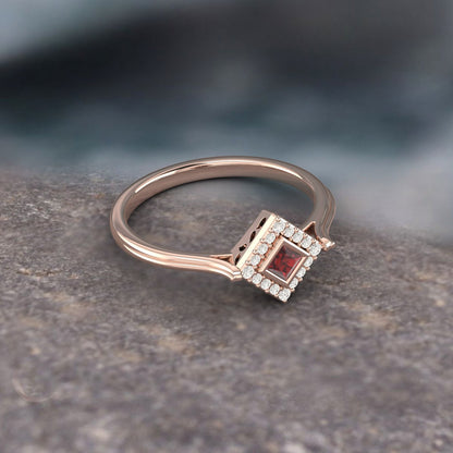 Natural Princess Cut Red Garnet Solitaire Ring 925 Sterling Silver Ring Vintage