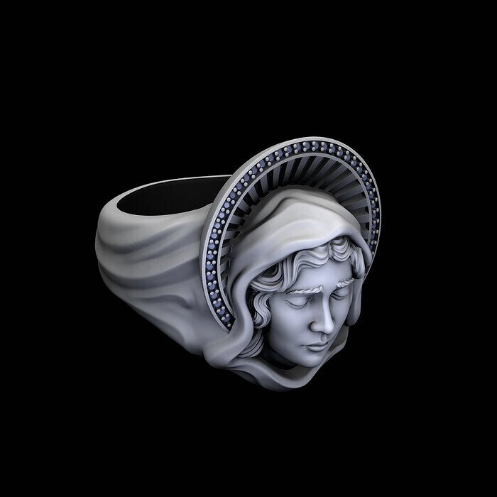 925 Sterling Silver Saint Mary Ring US5 ~15 Illuminated Mother Mary Signet Ring