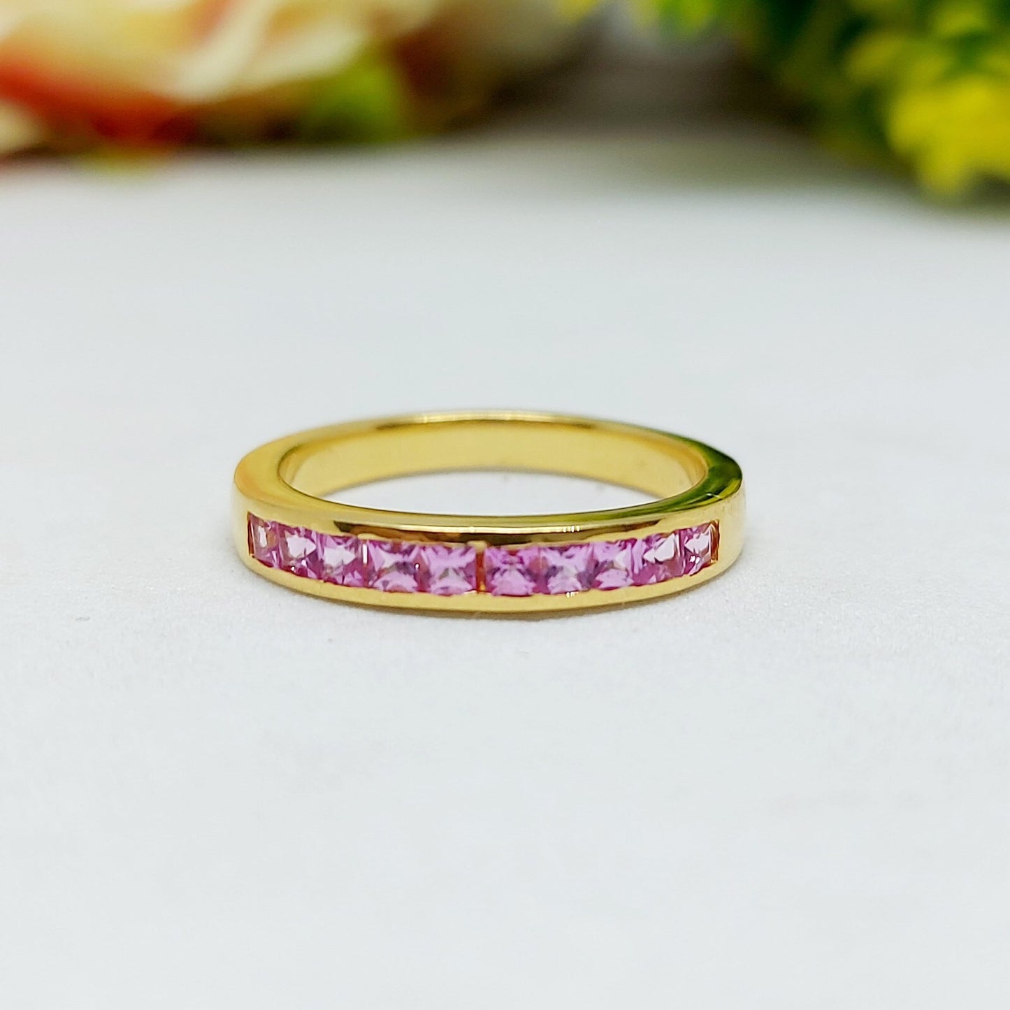Natural Princess Cut Pink Tourmaline Band Channel Set 925 Sterling Silver Band