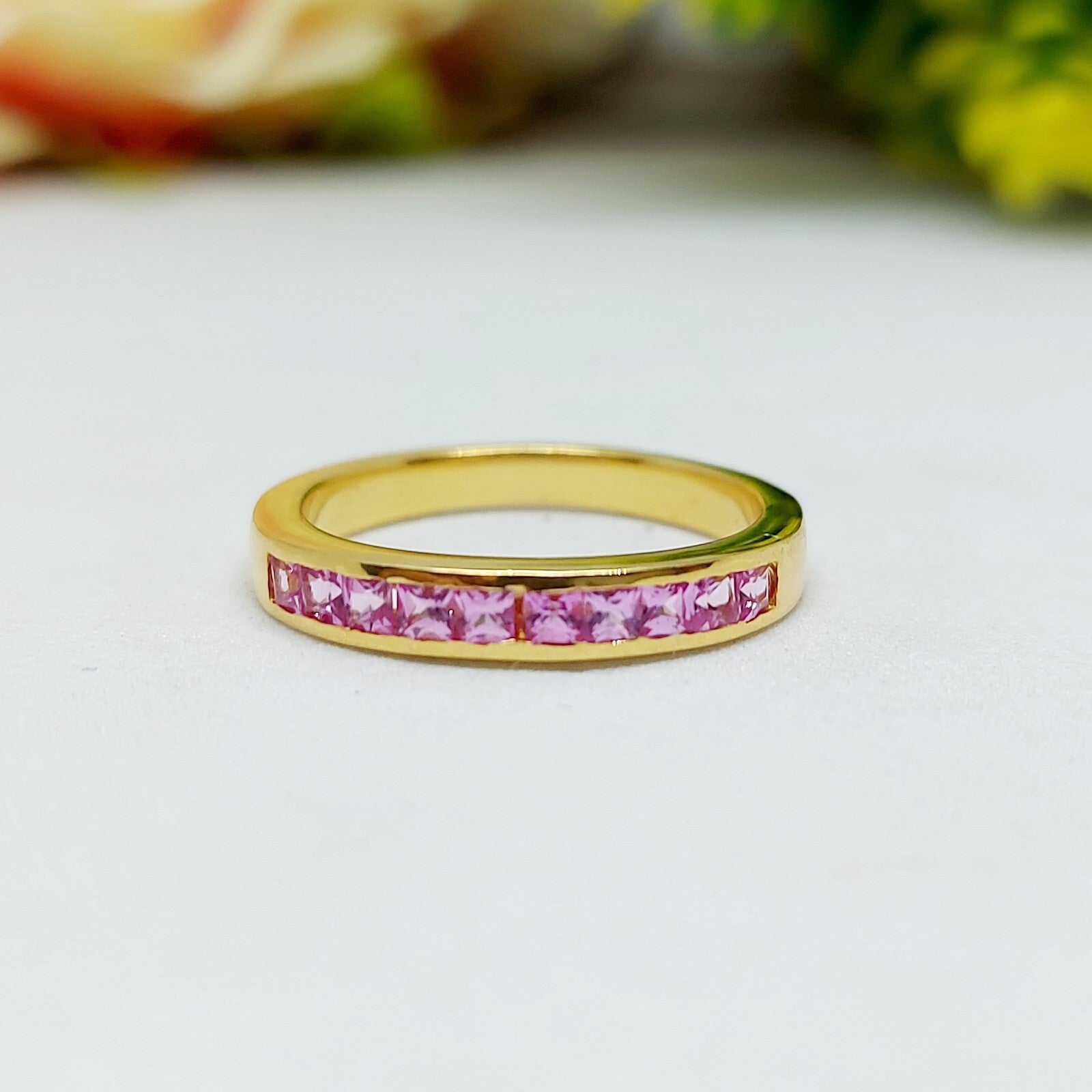 Natural Princess Cut Pink Tourmaline Band Channel Set 925 Sterling Silver Band