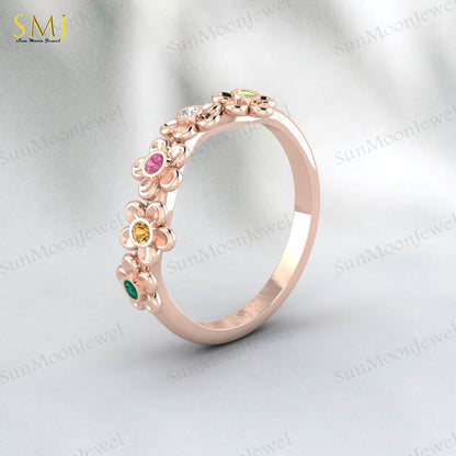 Natural Peridot Tourmaline Citrine Emerald Mutistone Flower Band in 925 Silver