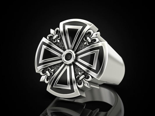 Silver Cross Ring Heraldic Lily Gothic Enamel US 5-15 Unisex Jewelry Women Men